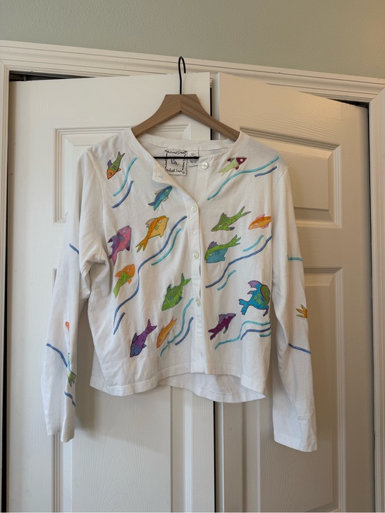 Michael Simon Sweaters - Michael Simon Fish Embroidered Cardigan 100% Cotton Colorful Coastal Sz S